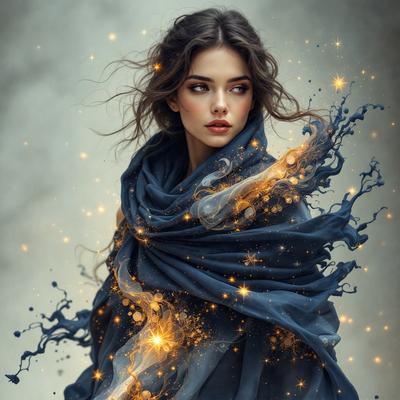 The primary subject of the image is a woman with long hair, wearing a blue scarf. She is the main focus of the image. The setting is a gray background, which contrasts with the woman's blue scarf. The visual style is a digital art, as the woman is depicted with a blue and gold hue, giving her a magical and enchanting appearance. The colors and mood of the image are predominantly blue and gold, creating a sense of mystery and allure.